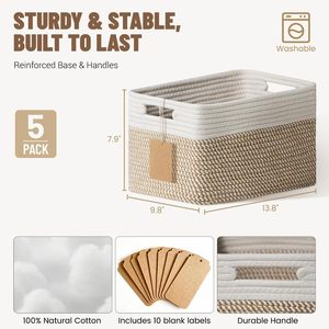 Lot de 5 paniers de <span class=keywords><strong>rangement</strong></span> tissés pour étagères, paniers décoratifs pour organiser les jouets, les livres, les vêtements, le placard, la chambre d'enfant - Product Image 5