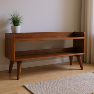 Panca contenitore in noce nordico per soggiorno, design moderno con ripiano e gambe - Product Image 2