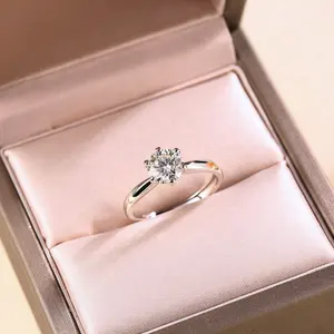 0.5/1/2 CT 925 Sterling Silver Round VVS1 Diamond Anniversary Adjustable Moissanite Solitaire Engagement Wedding Ring for Women