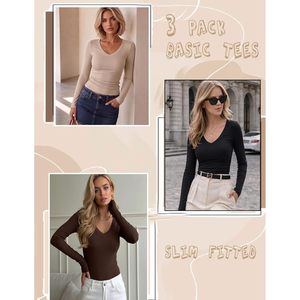 Camiseta de Manga Larga con Cuello en V para Mujer, Tejido Acanalado, Ajustada, Básica, Informal, para Otoño, Suave y Elástica, para Uso Diario - Product Image 6