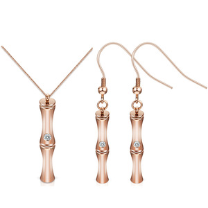 Parure de bijoux en alliage de zinc, or rose, motif bambou, sertie de diamants, avec boucles d'oreilles et collier, motif végétal, sertissage griffe 28MM, idéale pour les soirées - Product Image 1