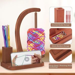 Wooden Yarn Spool Holder 7.5 Inch Rotatable Knitting Rack With Phone <b>Stand</b> Desktop Storage For Yarn Balls - Product Image 5