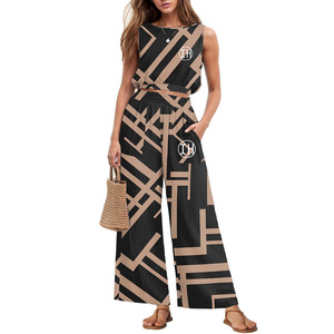 All'ingrosso due pezzi set di <span class=keywords><strong>lino</strong></span> di cotone per le donne moda stampa senza maniche girocollo Crop Top con tasche larghe pantaloni - Product Image 4