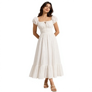 Vestido Maxi de Mujer con Bordado de Ojales Color Marfil, Mangas Abullonadas, 100% Algodón Transpirable, Dobladillo Acampanado, Casual, para Primavera/Verano - Product Image 1