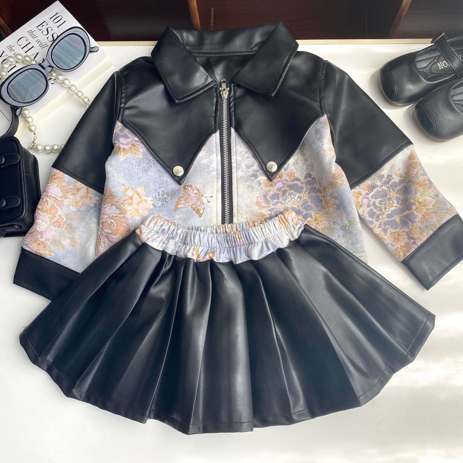 Black floral leather