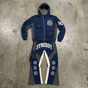 Men's Vintage Garment Dyed Tracksuit 2 Piece Streetwear Set Washed Zip up <strong>Joggers</strong> With Custom Print <strong>Hoodie</strong> <strong>and</strong> Pants Set Men - Product Image 2