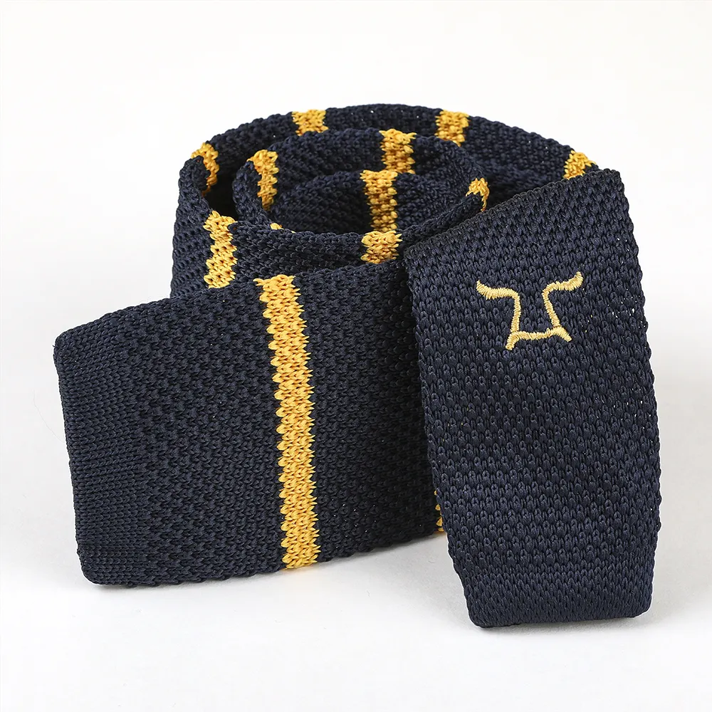 Cuyino Design Knitted Washable Necktie Navy Gold Stripe Embroidery Logo Slim Skinny Square End Tie Vintage Flat-end Sock Ties