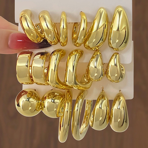 Fashion Carded Earring Set for Women C-<b>Shaped</b> Exaggerated Geometric <b>Twisted</b> Waterdrop Earrings 9Pairs/Set - Product Image 1