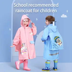 Beimei เสื้อกันฝนเด็กแบบมีฮู้ด PVC โพลีเอสเตอร์กันน้ำสำหรับนักเรียนกระเป๋านักเรียน