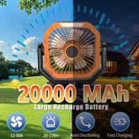 Ventilateur électrique rechargeable 20000mAh avec lumière, moteur sans balais, 4 vitesses, portable, pour camping, camping-car, hôtel, usage domestique