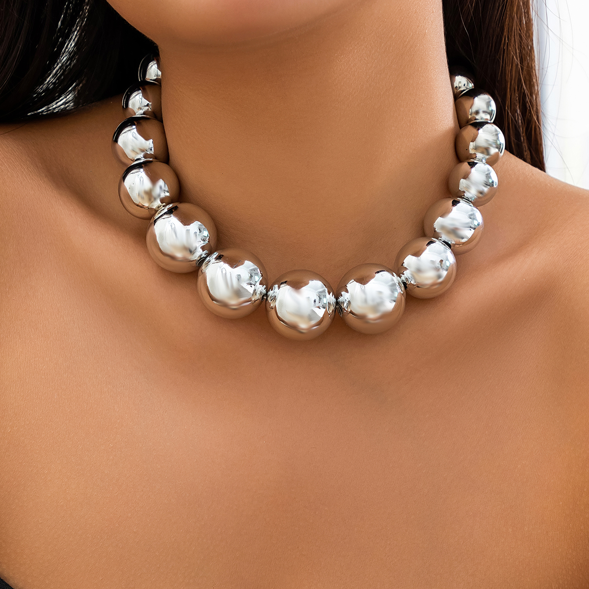 Exaggerated Big Ball Beaded Chain Choker Necklace for Women
