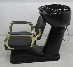 Fauteuil de lavage moderne avec lavabo en céramique, robinet, structure noire et dorée, base sur piédestal, pour salon de beauté, coiffeur, durable, facile à nettoyer - Product Image 6