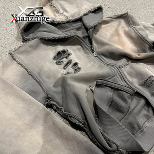 Thiết Kế Mới Tùy Chỉnh Nặng Thời Trang Phố Mặt Trời Faded Axit Rửa Cắt Và May Rhinestone Đau Phàm Rip Đôi Dây Kéo Cắt Áo - Product Image 4