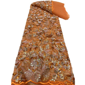 Vải Nigeria Đám Cưới Nhiều Màu Hạt Sequin Vải Lưới Thêu Vải Ren Màu Cam Cháy - Product Image 1