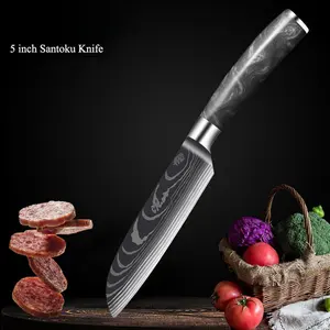 真彩色不锈钢日式刀大马士革激光图案菜刀5英寸树脂手柄Santoku刀