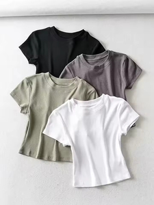 เสื้อครอปท็อปผู้หญิงสำหรับฤดูร้อน ทรงเข้ารูป ยืดหยุ่น คอทรงโอ แขนสั้น ผ้าถัก มีโลโก้ ระบายอากาศได้ดี และเซ็กซี่ - Product Image 2