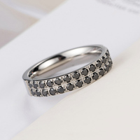 Bague zircon noir à double rangée pour femme en acier inoxydable haut de gamme en or rose