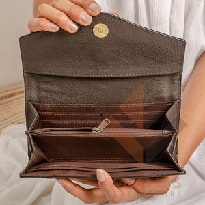 High Quality Women's Genuine Leather Purse Wallet Fashionable <b>Long</b> Design Clutch <b>Bag</b> with Open Closure and Decorative Feathers - Product Image 2
