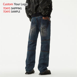 Jean en denim bleu délavé de haute qualité, taille mi-haute, style streetwear décontracté, coupe droite ample vintage, personnalisé par un designer, pour homme - Product Image 3