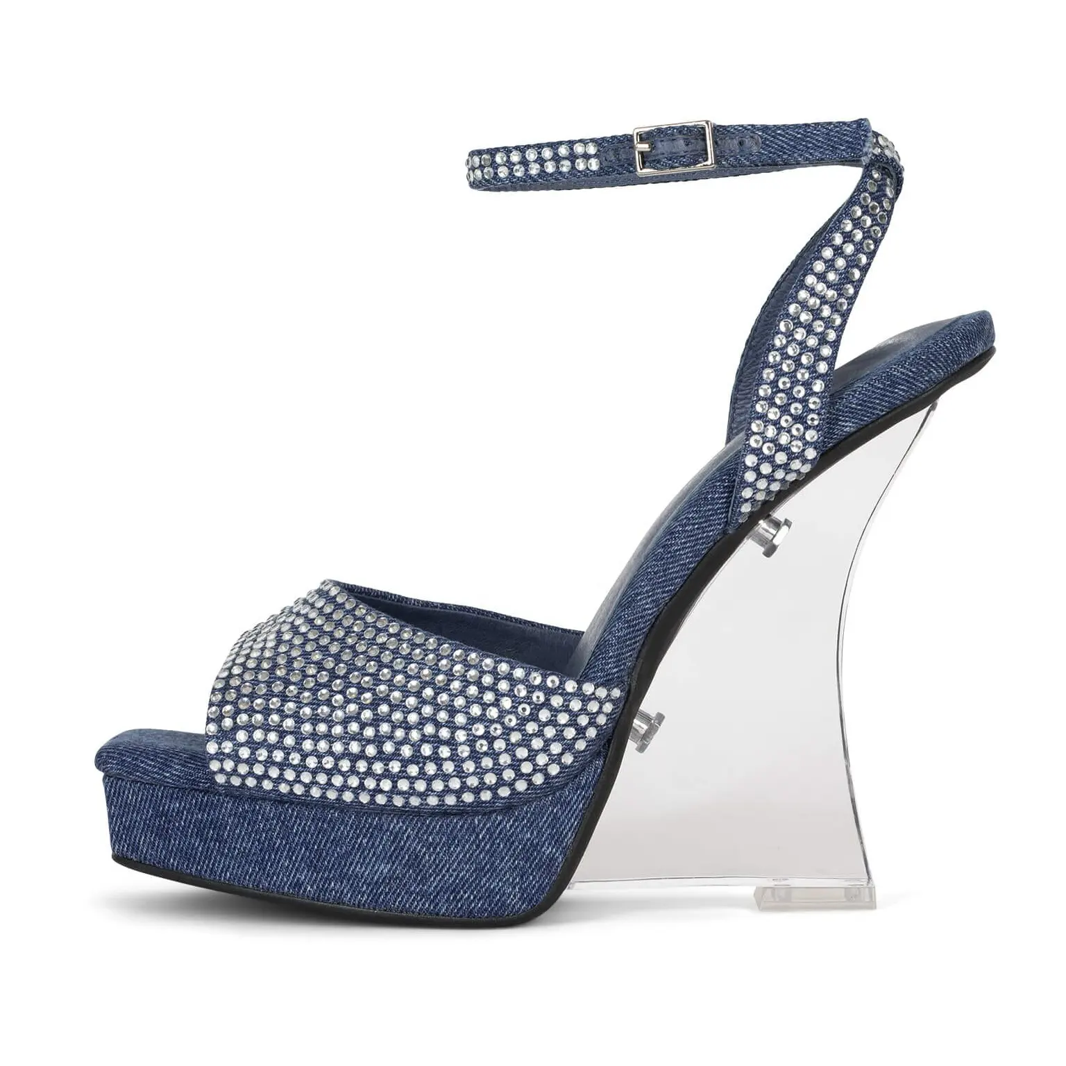ENMAYER new styles party high heels designer blue jean clear heel buckle strap wedge sandals sexy rhinestone ankle sandals