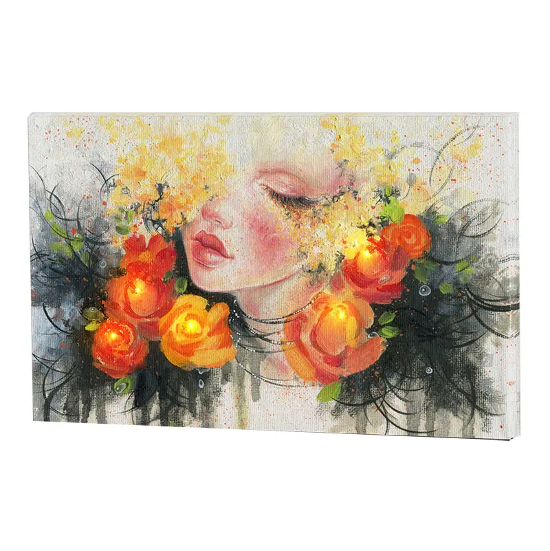 Figura de mujer de decoración artesanal para el hogar, pintura al óleo, arte de pared floral, pintura iluminada con led