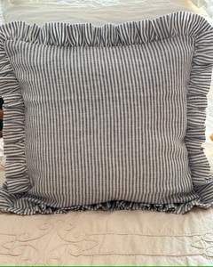 Blue Ticking Stripe Lino Ruffled Euro Sham, Funda de cojín a rayas de caramelo con volante, Suavizado Shabby Chic Reversible Pillow Sham - Product Image 1