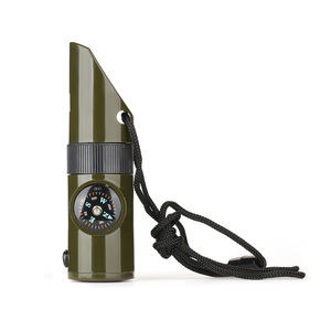 Sifflet de survie multifonctionnel 7 en 1, avec lumière LED, boussole, thermomètre, alliage d'aluminium, vert militaire, équipement de randonnée compact - Product Image 3