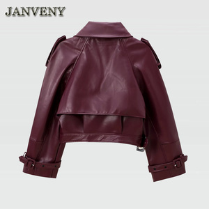 JANVENY 2025 nuova <span class=keywords><strong>giacca</strong></span> autunno tinta unita colletto con risvolto corto in finta pelle da <span class=keywords><strong>donna</strong></span> a maniche lunghe con tasche larghe in pelle sintetica - Product Image 6