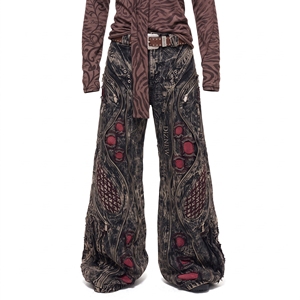 Jeans baggy DiZNEW pour hommes, noir, marron, effet délavé, imprimé Bio Mech, multi-zips, œillets, insert en mesh rouge, étiquette DiZNEW, denim évasé, OEM. - Product Image 3