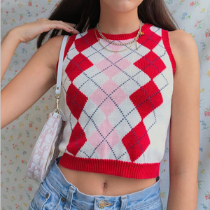 V-Neck Vintage <strong>Argyle</strong> <strong>Sweater</strong> <strong>Vest</strong> Women Y2K Black Sleeveless Knitted Crop <strong>Sweaters</strong> Casual Autumn Preppy Style - Product Image 2