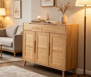 Modern Wood <b>Storage</b> <b>Cabinet</b> With Slatted Doors Scandinavian Style Living <b>Room</b> Furniture Freestanding Design - Product Image 3