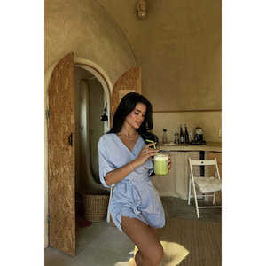 Minivestido Azul con Lazos para Mujer, Casual, Formal, Elegante, Estampado Floral, Cintura Imperio, Aberturas Transparentes, Talla XS, Personalizable, ODM - Product Image 1