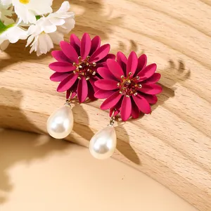 Queming Fashion Painted Flower Earrings Drop Shape Imitation Pearl Simple Cute Versatile Earrings
