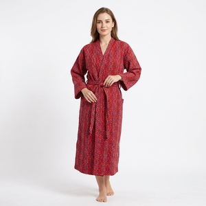 Vestido Maxi de Punto para Mujer, Otoño-Primavera, Algodón Indio, Bata Hecha a Mano con Estampado de Bloques, Kimono, Ropa de Dormir 100% Algodón - Product Image 1