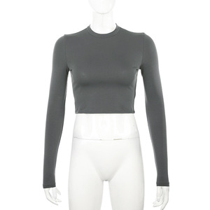 Maglietta aderente Sexy autunnale maglietta da <span class=keywords><strong>donna</strong></span> <span class=keywords><strong>manica</strong></span> <span class=keywords><strong>lunga</strong></span> Crop Top guaina moda primavera <span class=keywords><strong>cotone</strong></span> solido Top Y12686 - Product Image 5