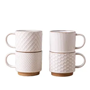 12oz Bộ của 4 dập nổi Stackable pha cà phê Cappuccino cốc cà phê gốm cốc cà phê với mô hình Kết cấu cho người đàn ông, phụ nữ, cha, mẹ