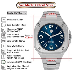 San Martin – montre de Sport classique de luxe pour hommes, boîtier carré distinctif en acier inoxydable, automatique et mécanique, 10 bars, BGW-9, 40mm - Product Image 6