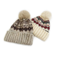 Bonnet en tricot Fair Isle nordique avec logo personnalisé, pompon, épais, chaud, motif hivernal, en acrylique doux, revers plié, pour l'hiver