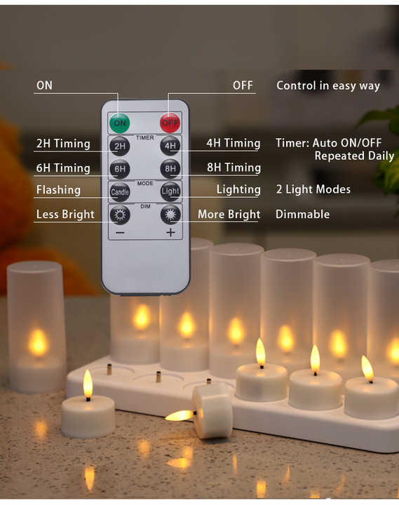 Set of 12 Remote Control USB Flickering 3D Bullet Flameless Rechargeable LED Candle Tealight with Chargeing Base and White Cup