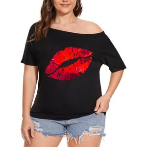 Womens Off The Shoulder Top Short Sleeve Metallic Lip Print Casual Blouse Regular Plus Size - Product Image 4