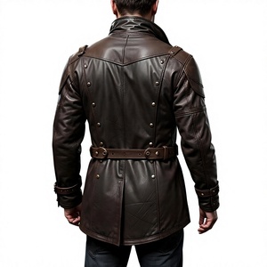 Veste Steampunk en cuir véritable marron pour homme, vintage, double boutonnage, coupe ajustée, coupe-vent, avec décorations en chaînes - Product Image 2