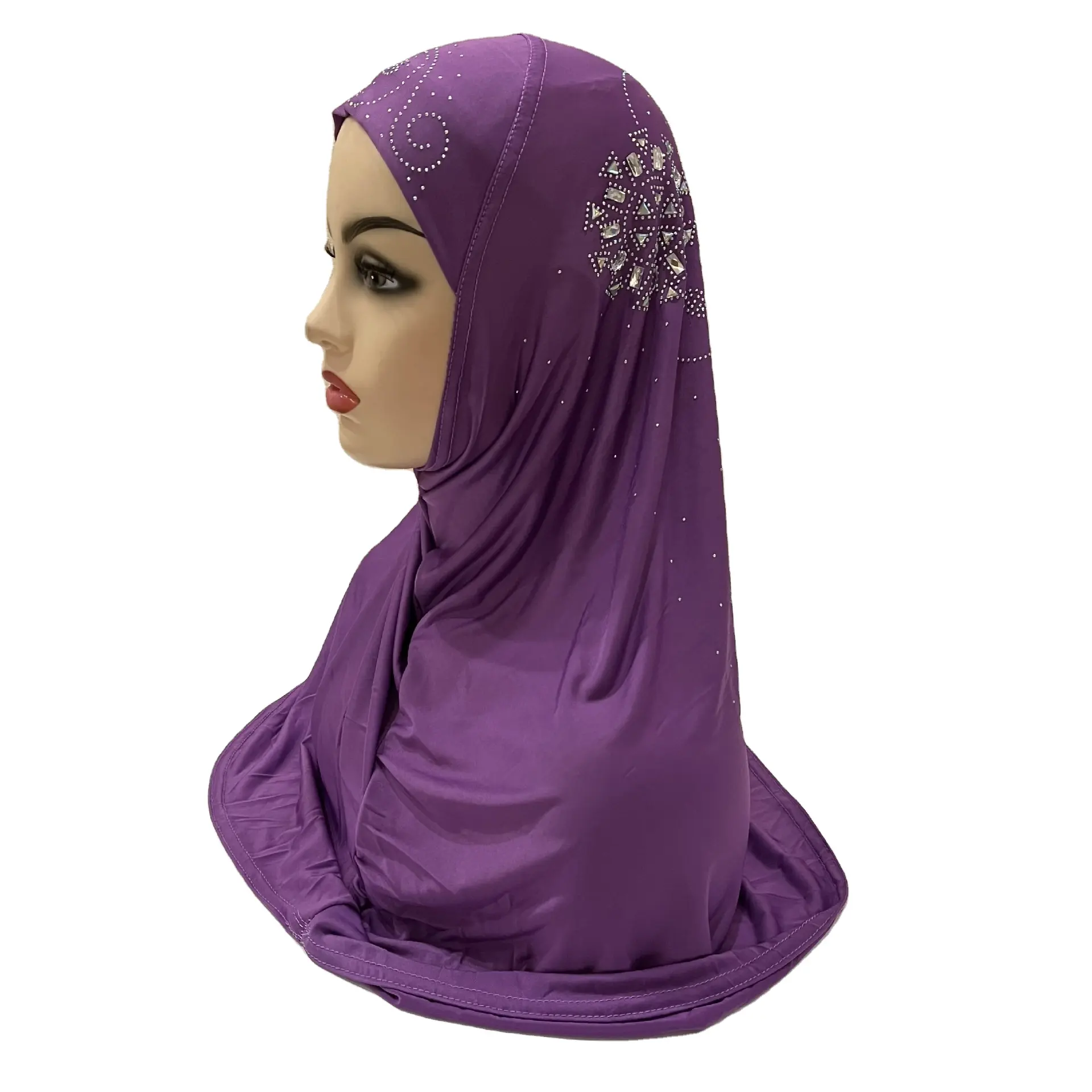 Low price Muslim with flowers hot drilling ice silk fabric plain viscose scarf hijab