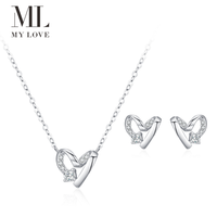 Ensemble collier et boucles d'oreilles Mylove personnalisé en argent sterling 925 plaqué rhodium, pendentif cœur ajouré entrelacé avec zircone cubique, vente en gros