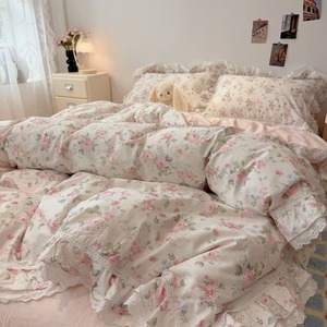 Set di Biancheria da Letto in Cotone Stile Pastorale Coreano con Rose <span class=keywords><strong>Rosa</strong></span>, <span class=keywords><strong>Copripiumino</strong></span> a Doppio Strato con Volant e Pizzo Traforato - Product Image 3