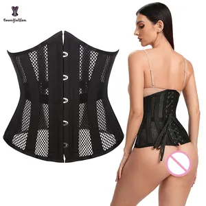 Plus Size Black White Wedding Mesh Net Underbust Corset Woman 26 Alloy Steel Boned Korset Lace Up Girdle With 5 Brooches