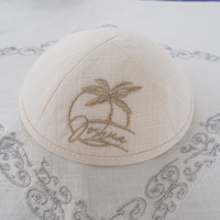 Top Kipot Lino Kippah con Palmera logo Bordado Personalizar Bar Mitzvah Judaica Yarmulke Sombrero judío Kipot para boda.