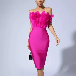 Fashion design High Quality Rayon Feather Strapless Bandage Dresses Women Sexy Elegant Formal dinner Party Dress