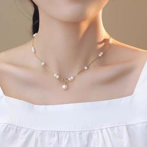 Collar de Perlas Pequeñas de Agua Dulce Natural de Lujo Ligero, Chapado en Oro de 14K, Cierre OT, Collar de Clavícula Ajustable, Cadena para Suéter - Product Image 3