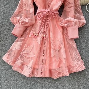 Robe élégante pour femme de qualité supérieure, en dentelle ajourée brodée, à bouton unique, coupe évasée, avec ceinture à nouer - Product Image 5