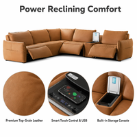 Canapé d'angle moderne en cuir véritable avec fonction de relaxation électrique, console tactile, USB et recharge sans fil